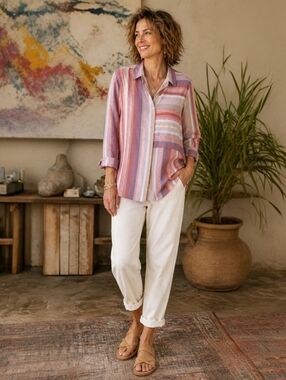 Soft Surroundings Maddalena Striped Shirt Burnt Coral Metallic Gold Cotton NWT